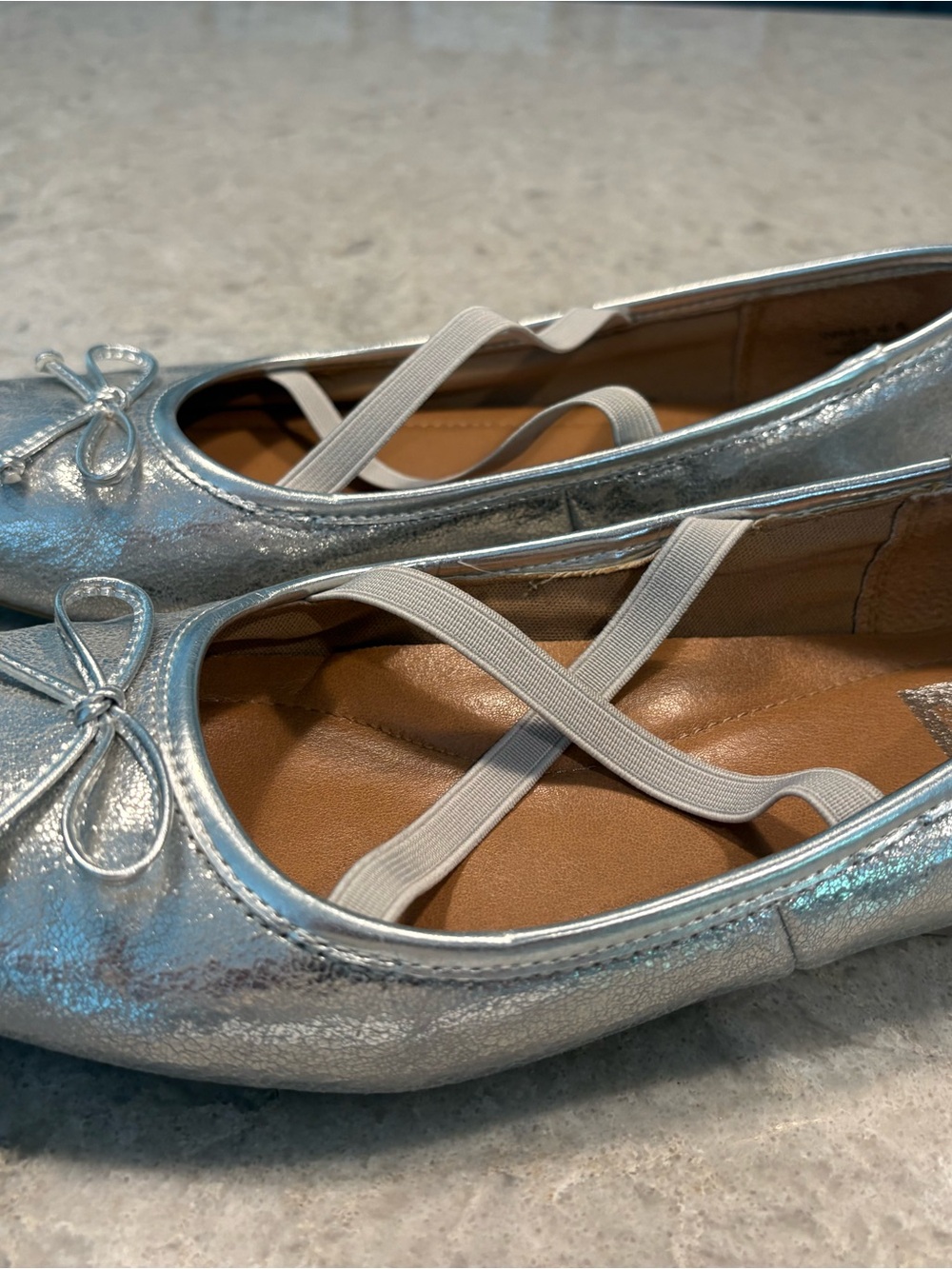 Dolce Vita Metallic Silver Ballet Flats with Crossed Elastic Straps